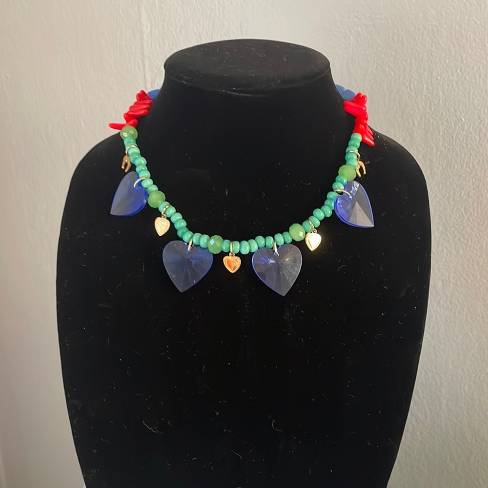 Colorful bead and charm necklace with blue heart charms, 16”